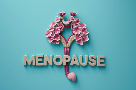 Visual representation of menopause with a stylized female reproductive system and the word menopause in blueの素材