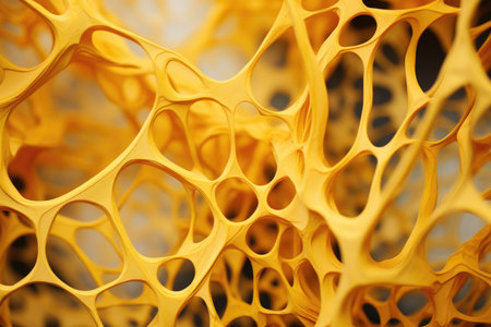 This image captures the essence of abstraction from the microscopic world, where lines and shapes intricately resemble cellular forms, enveloped in a radiant yellow ambianceの素材