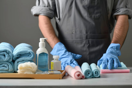 House cleaning setup: A person in an apron arranges cleaning supplies on a table, including bottles, gloves, and cloth rolls, getting ready for cleaning choresの素材