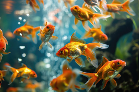 Lively goldfish swimming in a bubbling tankの素材
