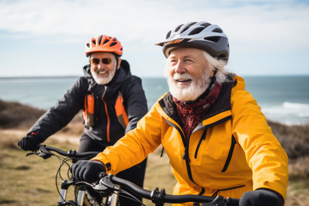 A lively scene unfolds as elderly folks cycle beneath the spring sun, cherishing the camaraderie and the beauty of the dayの素材