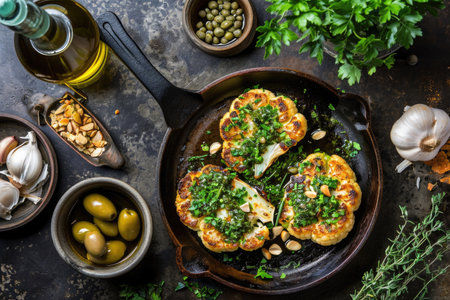 Roasted cauliflower steaks adorned with green herb sauce and almonds in a rustic pan. Complemented by olives, capers, and fresh herbs a Mediterranean treatの素材