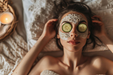 Relaxation and skincare: Woman indulges in DIY face mask with cucumbersの素材