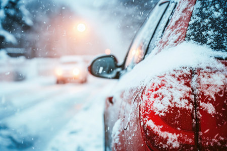 A red car's front, including a snow-covered rearview mirror, emerges from a snowy setting. The windshield's snow accumulation indicates recent winter weather, with a blurred vehicle in the backgroundの素材