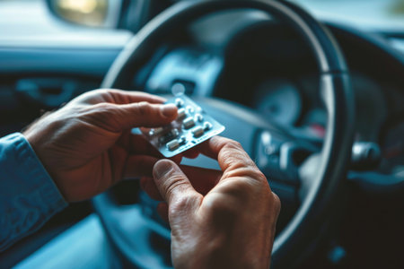 Driver's health routine: A hand with pills near a car's steering wheel, highlighting the need for on-the-road medicationの素材