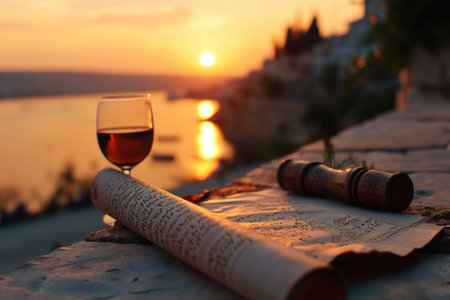 n open Megillah scroll is flanked by a wine glass and Purim noisemakers, while the setting sun bathes the scene in a warm, sacred glow, evoking a sense of reverenceの素材