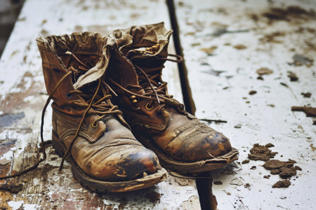 Severely worn and damaged boots, with soles apart from uppers, frayed material, and interiors visibleの素材