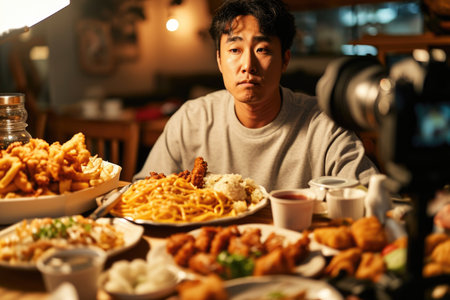 Digital mukbang culture: A man captures himself eating a variety of dishes, including spaghetti and chicken wings, as part of the popular online food video phenomenonの素材