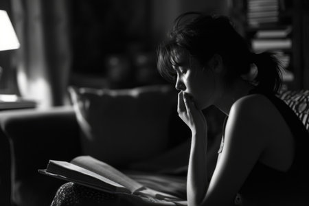 In a dimly lit room, a woman sits on a sofa, her hand to her mouth, engrossed in a document, possibly indicating surprise or concernの素材