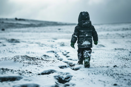 In a snowy field, a child's path forms an intricate trail. Winter attire, along with green-accented boots, contrasts with the white surroundingsの素材