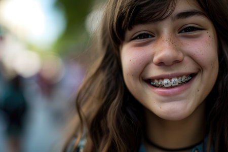 The photo captures a delighted girl with braces, radiating happiness and comfortの素材