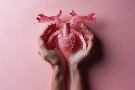 Photo featuring hands holding a paper model of the female reproductive system on a pink background, serving women's health awareness or educational objectivesの素材