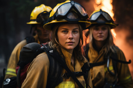 Fierce Female Firefighters in Action: Captivating photo showcasing two women in firefighting action amidst a blazing forestの素材