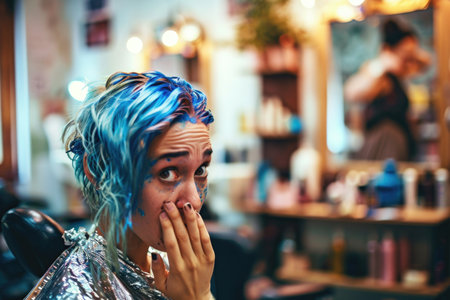 A woman at a hair salon anxiously covers her mouth while getting her hair dyed blue, displaying a mix of surprise and concernの素材