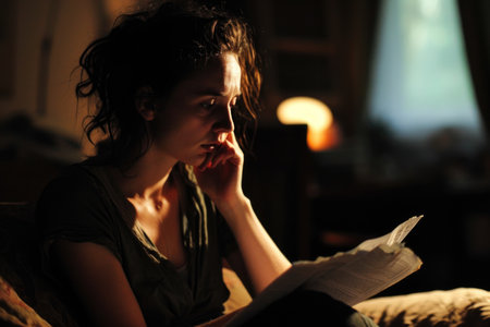 The image portrays a woman seated on a dimly lit sofa, her hand covering her mouth as she reads a document, suggesting surprise or concernの素材