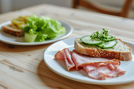 A light and uncomplicated appetizer display on a wooden table. Two white plates showcase bread with lettuce and cucumber, and bread with ham or boiled meat, emphasizing simplicityの素材
