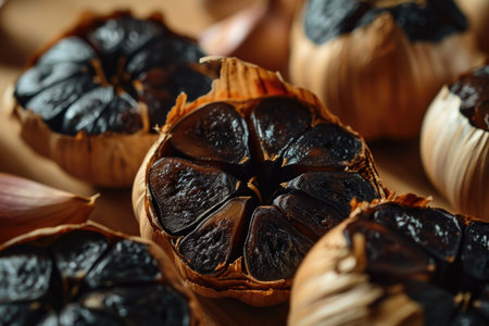 A close-up of halved black garlic heads, showing their soft, burgundy flesh. Created through slow fermentation, it boasts a sweet, caramel flavorの素材
