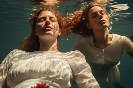 Underwater harmony: two women submerged, creating a tranquil aquatic tableauの素材