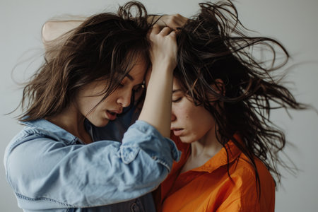 Emotional portrait of two women with flowing hair, conveying a feeling of freedom and self-expressionの素材