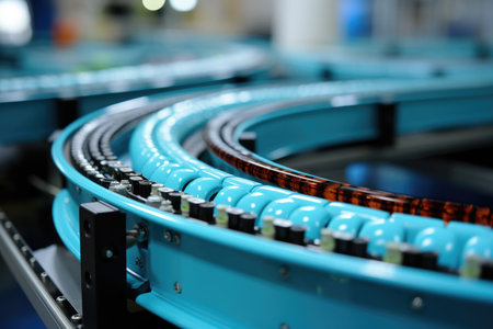 Precision blue machinery operating on a conveyor belt system within an industrial manufacturing plant.の素材