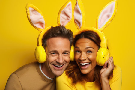 With Easter bunny ears as their festive attire, a couple, a man and a woman, joyfully embraces the spirit of Easter against a bright yellow backgroundの素材