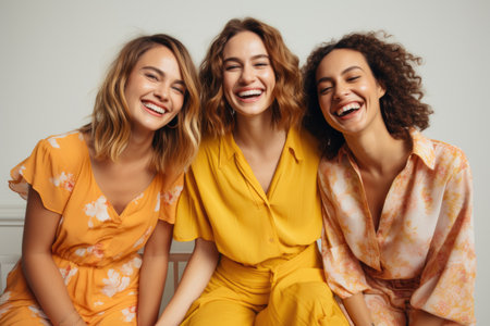 Group portrait showcasing young European women, set against a luminous backdropの素材