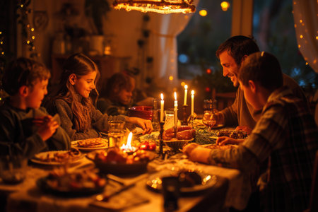 a traditional Purim celebration with this image of a family gathered around a lavishly decorated table, reading the Megillah, and the cozy indoor lighting setting the perfect atmosphereの素材