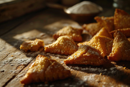 Delightful Hamantaschen treats on a wooden table, illuminated by gentle sunlightの素材