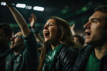 Football fanatics roar with passion, their fervent cheers resonating through the stadium, creating an electrifying ambiance during the matchの素材