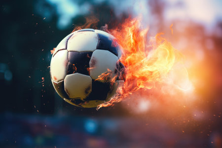 This close-up photo captures the soccer ball in mid-flight above the vibrant green soccer field, embodying the excitement and energy of the game in a single, suspended momentの素材