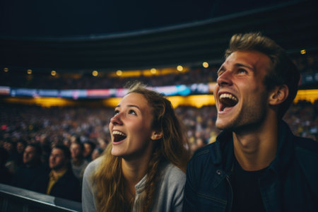 A duo of spirited football fans, a man and a woman, actively engaged on the field, embodying the thrill and fervor of live football actionの素材