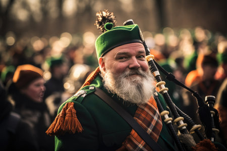 St. Patrick's Day in Ireland is marked by a spirited parade. A man in a resplendent green suit, playing a fiddle, becomes a musical beacon, infusing the celebration with lively melodiesの素材