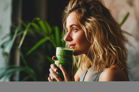 A lively shot of a woman enjoying a green smoothie post-morning yoga sessionの素材