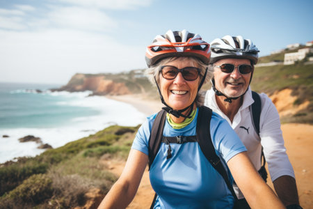 Riding bicycles through the charming European countryside, a senior couple enjoys the sunny weather on a delightful spring dayの素材