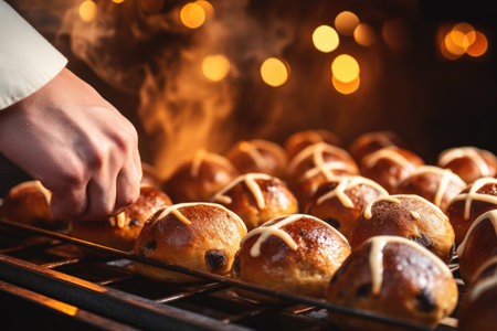 The hands of a baker gently placing hot cross buns into the oven's cavityの素材