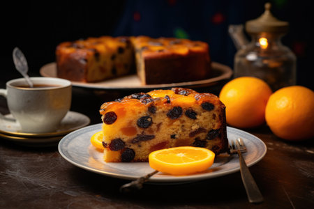 A delightful tea time scene featuring a serving of Simnel cake on a plate, accompanied by a nearby cup of teaの素材