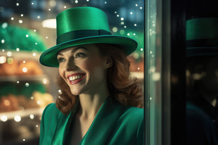 Joyful Lady in St. Patrick's Attire Admiring the Storefront Decorationsの素材