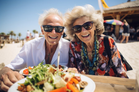 In the ambiance of a sunlit cafe, an elderly European couple shares a moment of joy as they indulge in a nutritious vegetable salad on a bright and sunny dayの素材