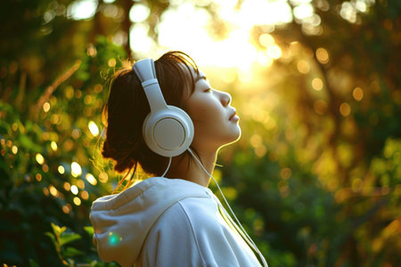 A young woman, dressed in a white hoodie, stands amidst a lush green backdrop, lost in the music playing through her oversized white headphonesの素材