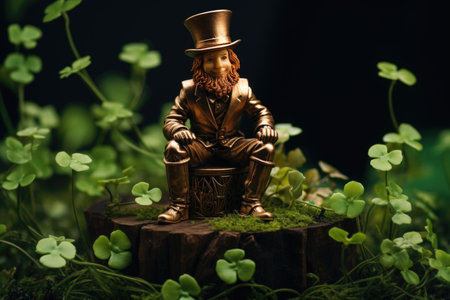 A leprechaun sits on a stump surrounded by clover, creating a picturesque setting that encapsulates the festive magic and Irish charm of St. Patrick's Day in a delightful woodland sceneの素材