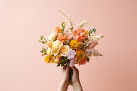 Bunch of light-hued flowers held by a woman, peachy backgroundの素材