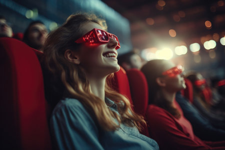 Delighted Woman in 3D Spectacles at a Movie Screeningの素材