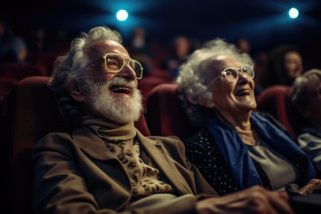 Elderly couple with bright smiles enjoying a captivating movie in a cozy cinema setting.の素材