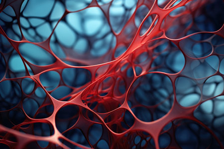 lines and shapes intricately mimic cellular arrangements, highlighting the fascinating interplay between abstraction and the biological realm, enriched by the bold contrast of red and blueの素材
