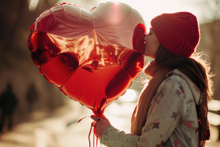 A couple poses with a large, red heart-shaped balloon, their love shining through. The balloon is a symbol of their commitment to each other, and it represents their hope for the futureの素材