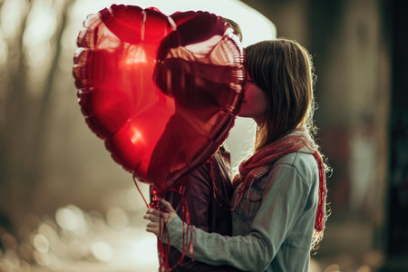 A man and woman hold a large, red heart-shaped balloon between them, their faces obscured by the balloon's reflective surfaceの素材