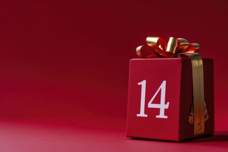 February 14th Celebration: A miniature calendar highlighting the date of February 14th, accompanied by a charming red gift box tied with a golden ribbon,の素材