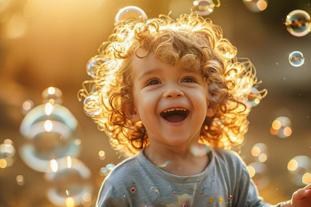 a young child with curly hair radiates pure happiness, wearing a beaming smile while immersed in a world of flying soap bubblesの素材