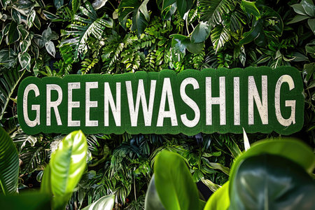 An image with "GREENWASHING" in bold letters, featuring vibrant green foliage, represents deceptive marketing, where environmental claims may not align with actionsの素材