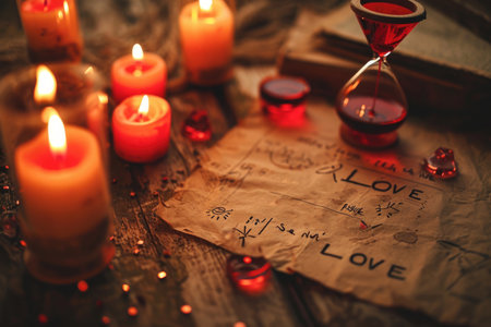 Chemistry of Love: Chemical formulas and the word "LOVE" illuminated by tea candles, accompanied by a red hourglass, create a romantic and conceptual composition on a warm wooden surfaceの素材